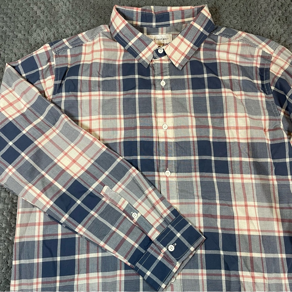 Free Assembly Mens Button Up Long Sleeve Shirt XXL(18) Blue/Pink Plaid Preppy‎